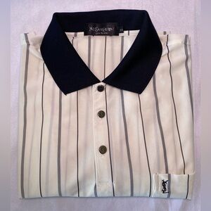 Vintage Mens YSL Yves Saint Laurent Silk Polo Shirt Striped Cream and Black XL